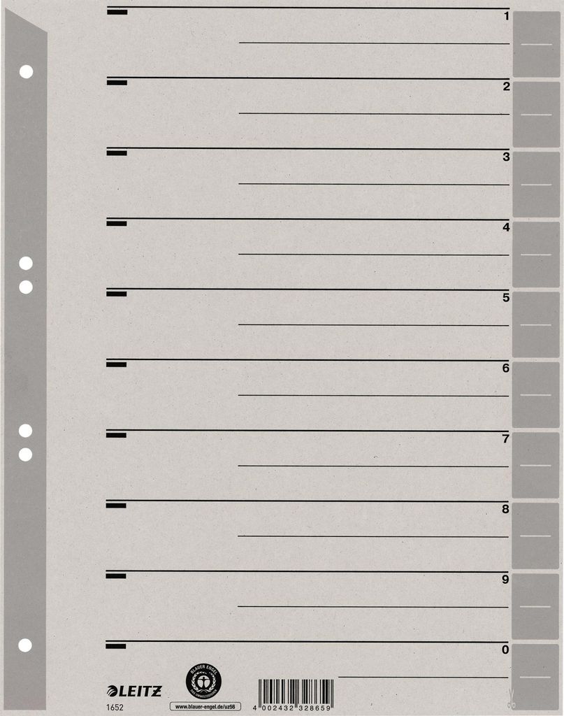 Leitz Trennblatt 16520085 DIN A4 230g Karton grau 100 St./Pack.