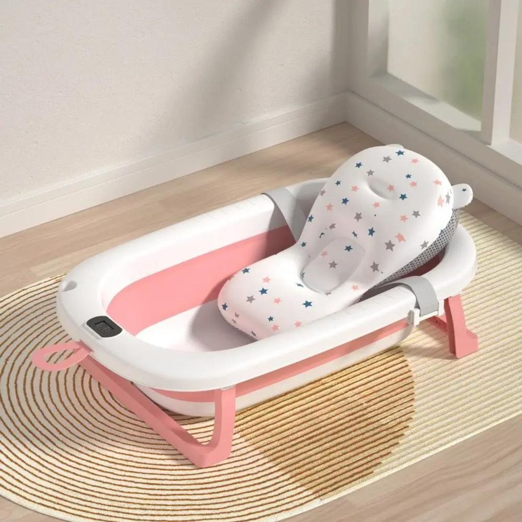 Babybadewanne - Faltbare Babywanne - Wasserthermometer - Badekissen - Duschgriff - 76×45×18 cm - Für 0–6 Jahre - PP-Material - Rosa