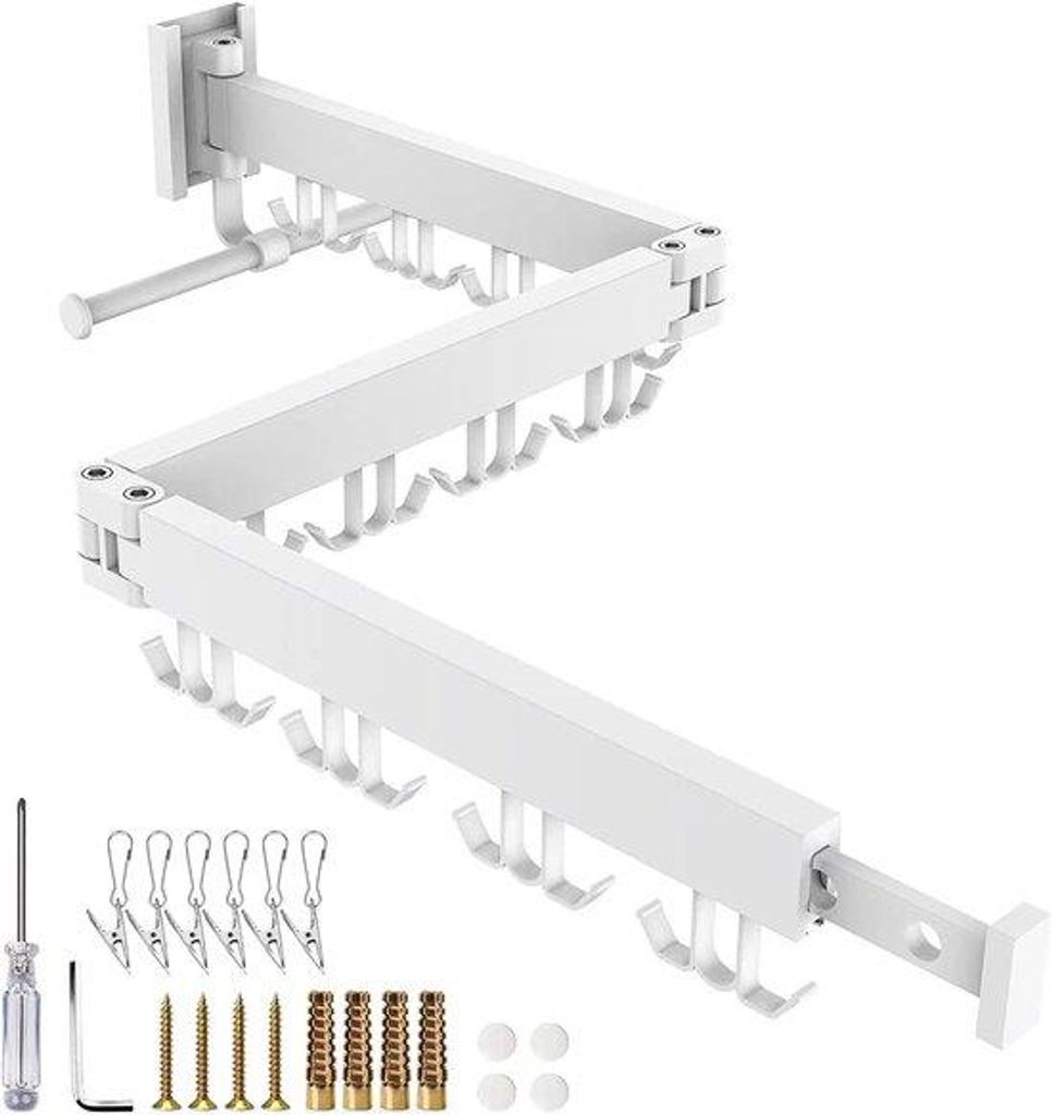 Dreifach aufklappbares, an der Wand montierbares Trockengerät, neu aufklappbar, einziehbar und drehbar, mit Strumpfhalter und Aufhängestange (202...