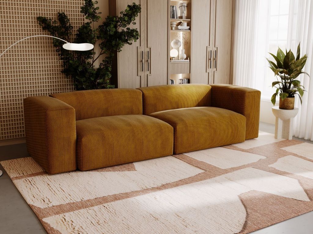 GrainGold 3-Sitzer Sofa Landi - Gepolstertes Sofa -Moderne Cord Sofa - Wohnzimmer Sofa - Braun (Lincoln 48)