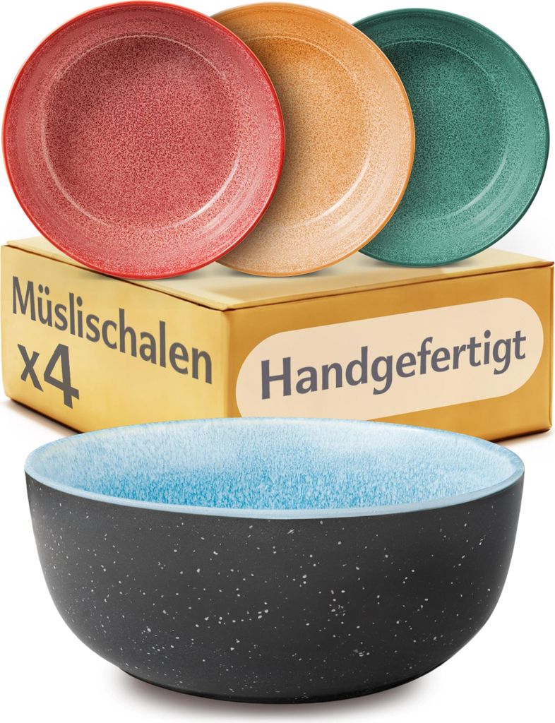 Cosumy 4er Müslischalen Set – Steingut Schüssel (4x 800ml Bowl) Handgefertigt Schale perfekt als Dessertschalen & Müslischale – Bunte Kerami...