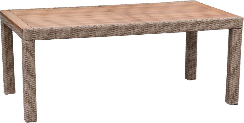 A rectangular outdoor dining table with a woven base and a wooden top, shown against a white background.