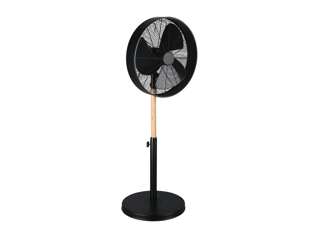 A black and wood stand fan is shown against a white background.