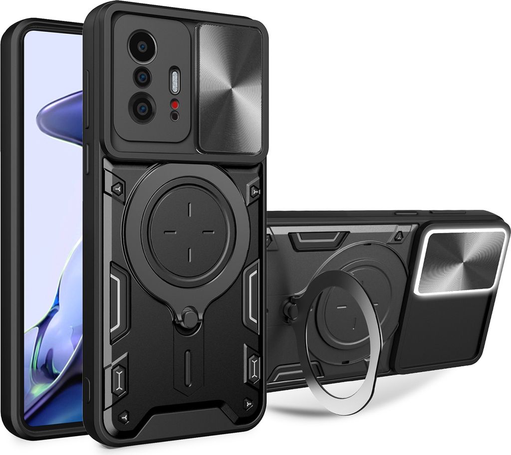 Handyhülle für Xiaomi 11T /11T Pro Dual-Layer Stoßfest Rüstung Hülle mit Dia Kameraschutz und Kreisförmig Ring Ständer Schwarz