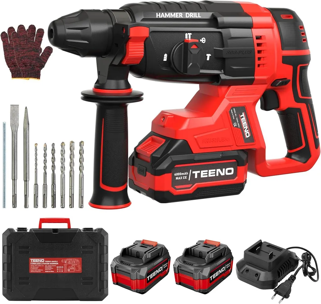 Perforateur sans fil pour béton TEENO 20V SDS-Plus burineur avec 2 batteries 4Ah