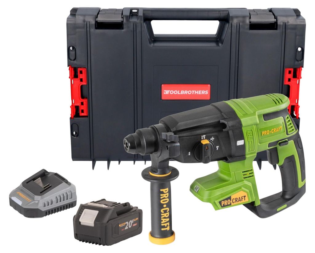 Procraft PHA40bb Akku Bohrhammer 20 V 2,6 J SDS plus Brushless + 1x Akku 4,0 Ah + Ladegerät + RHINO Toolcase