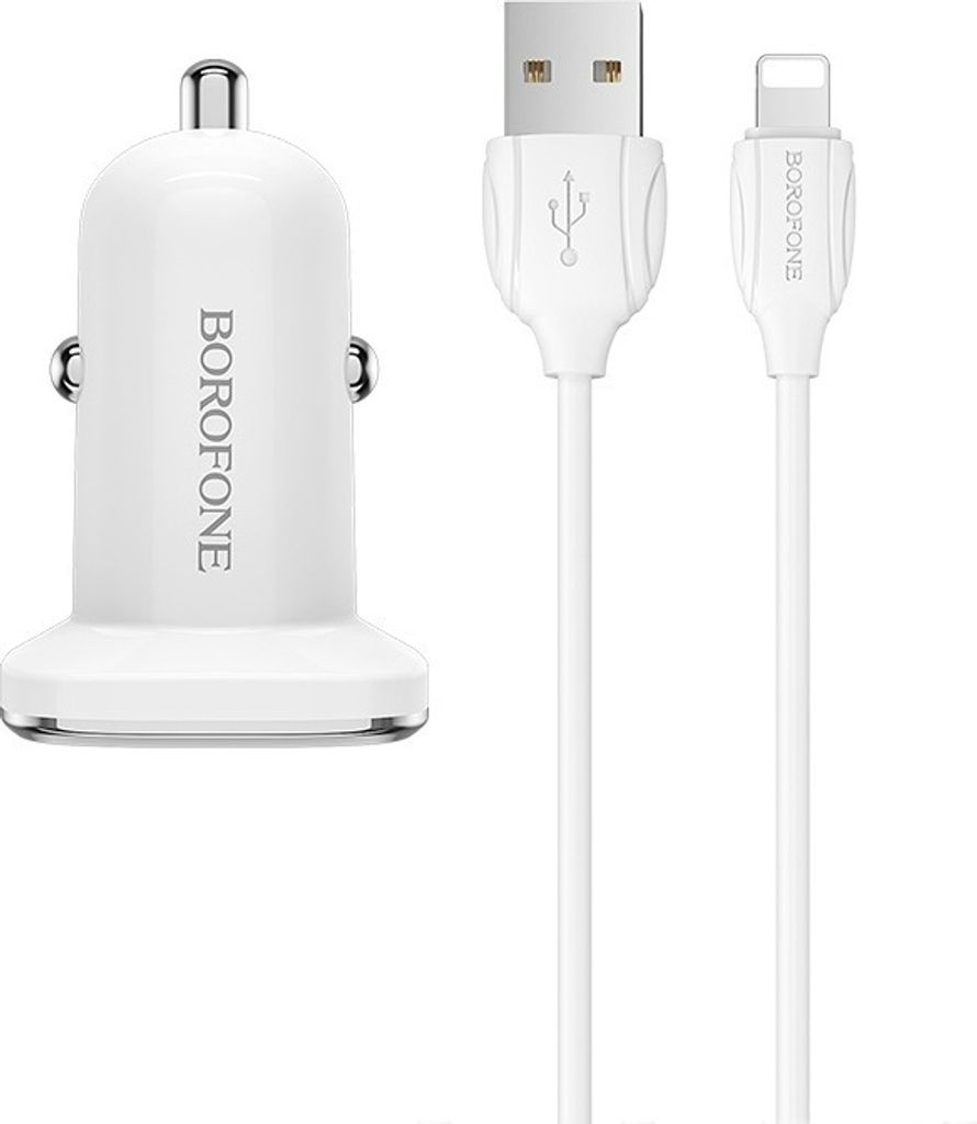 Borofone Autoladegert mit Kabel - 2x USB mit 2,4A Lightning-Kabel - Wei KP27926