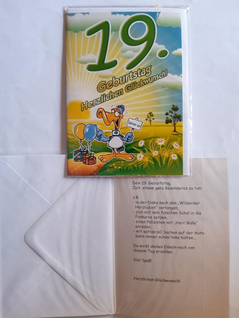 1 Glückwunschkarte, 19. Geburtstag, Doppelkarte m. Produktbild 