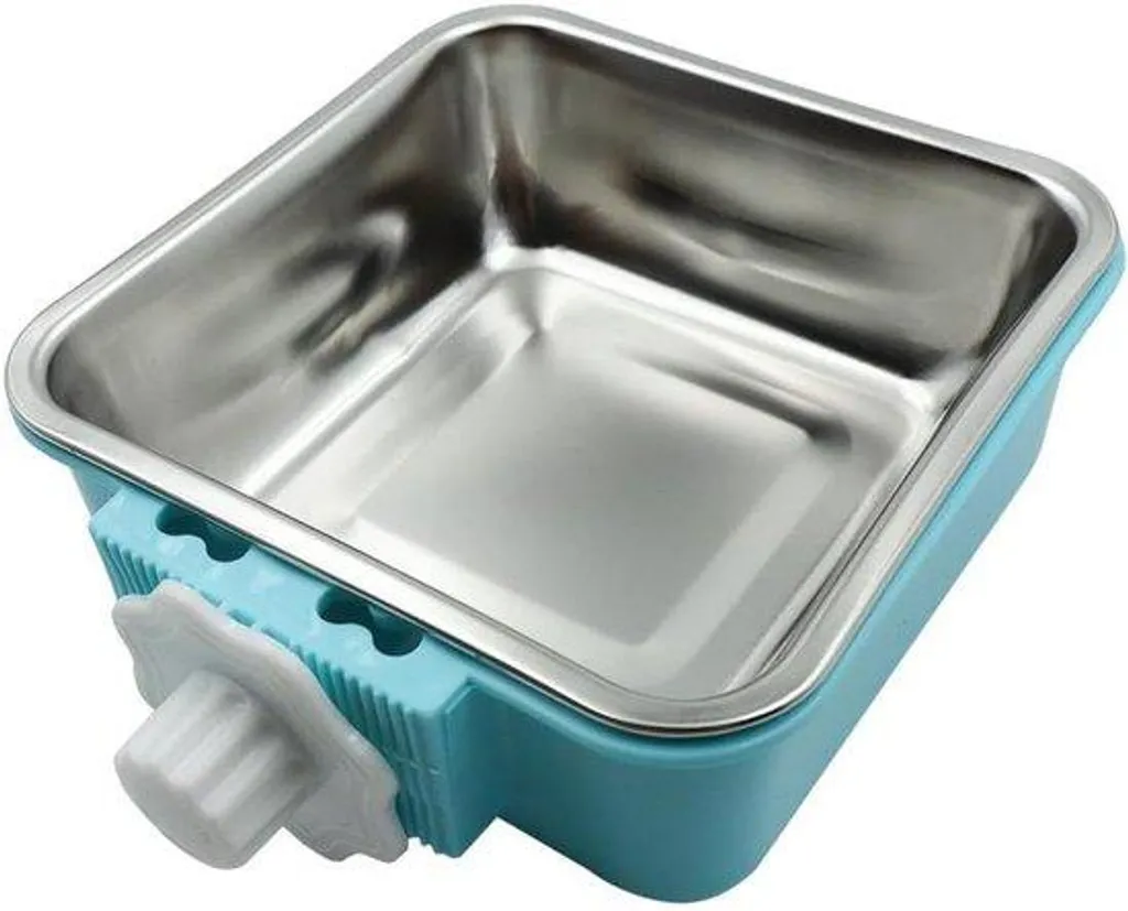 Gamelle anti-renversement suspendue en inox bleu, fixation cage facile