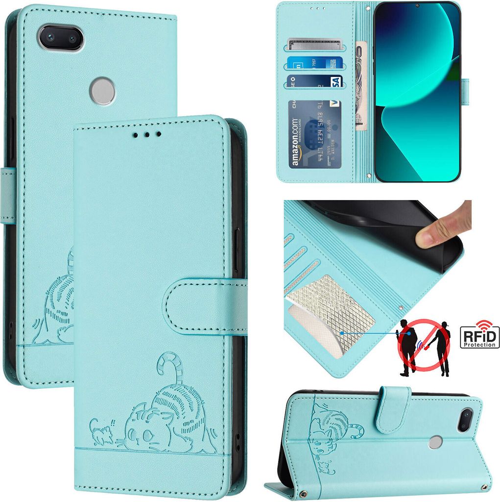 Leder Hülle für Xiaomi Redmi 6 /Redmi 6A Süße Katze Flip Case Brieftasche Schutzhülle mit Standfunktion hellgrün