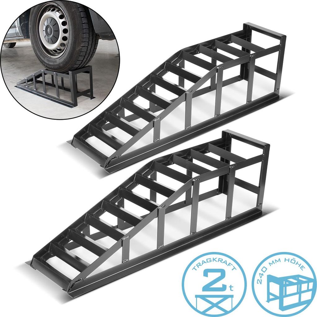 Two black metal car ramps are shown, with a close-up inset of a car tire on one ramp. Textual information about load capacity and height is present in circular badges.
