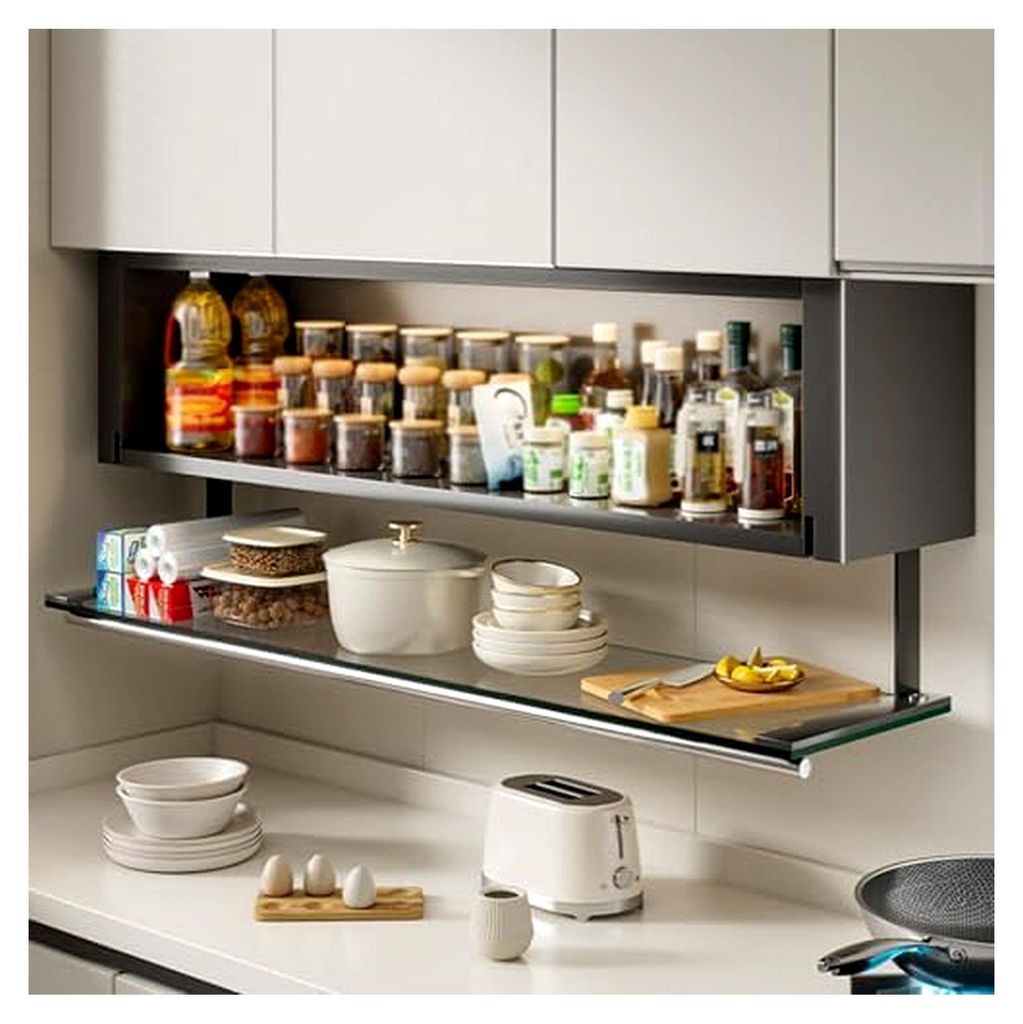 Wandmontierter Küchenschrank mit gehärteter Glastür – Platzsparender Aufbewahrungsschrank für die Speisekammer mit herunterziehbarer Theke, e...