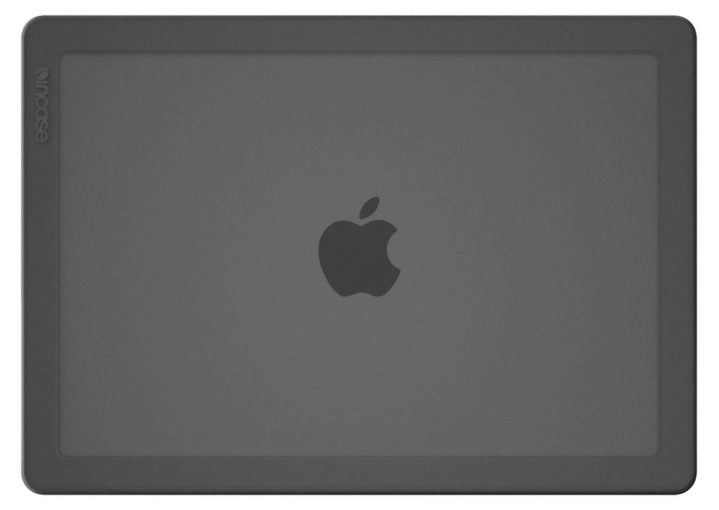 The back of a dark gray laptop case with an Apple logo in the center.
