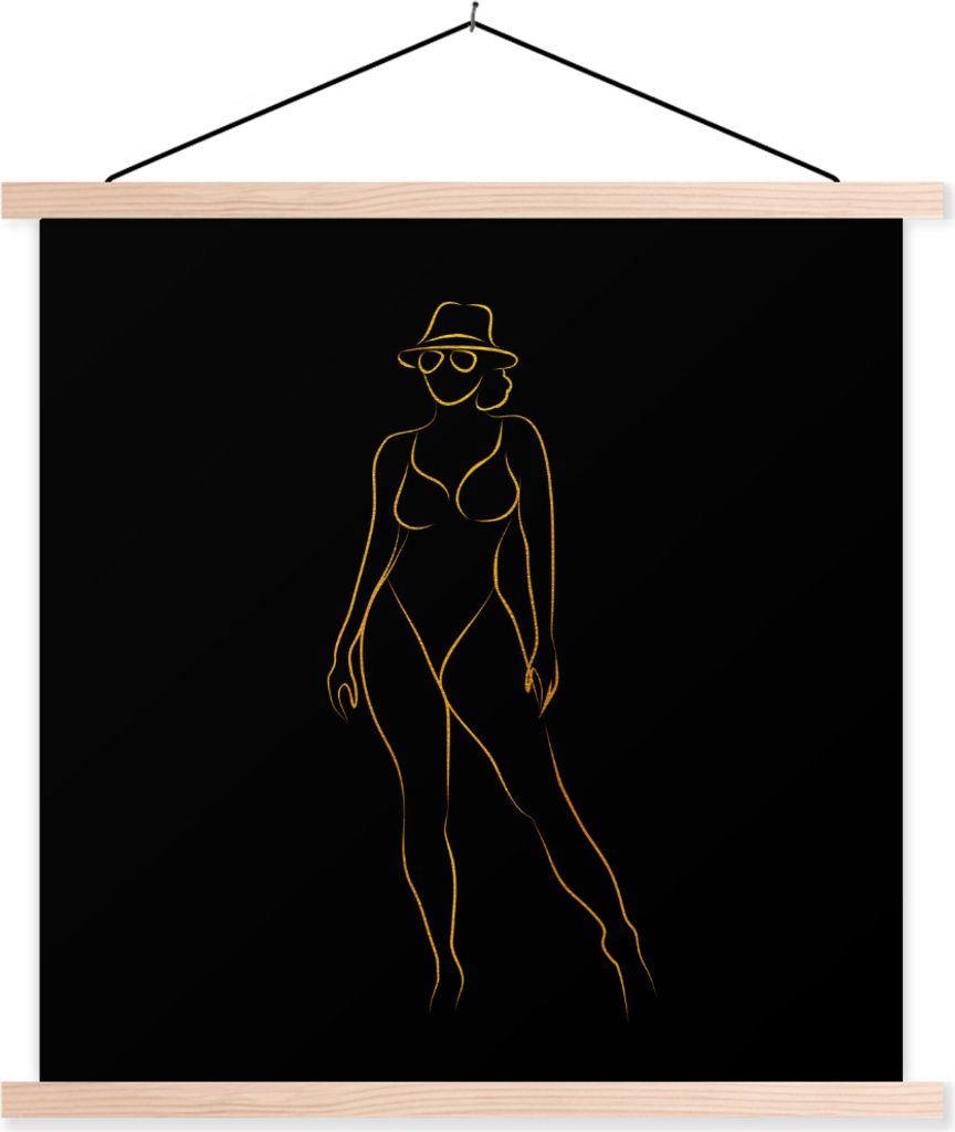MuchoWow Textilposter Sonnenbrille - Schwarz - Gold - Linienkunst 40x40 cm mit holzfarbenen Rahmen - Posterleiste