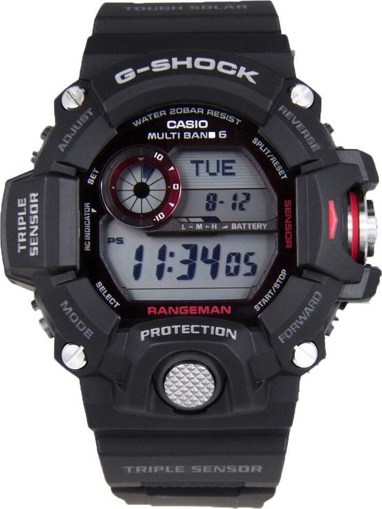 A close-up, front-facing studio shot of a black Casio G-Shock watch.