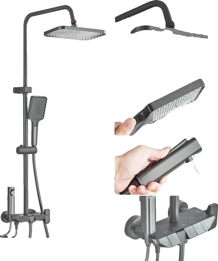 Set di rubinetteria per doccia, doccia a pioggia, doccetta, grigio canna di fucile Senza display