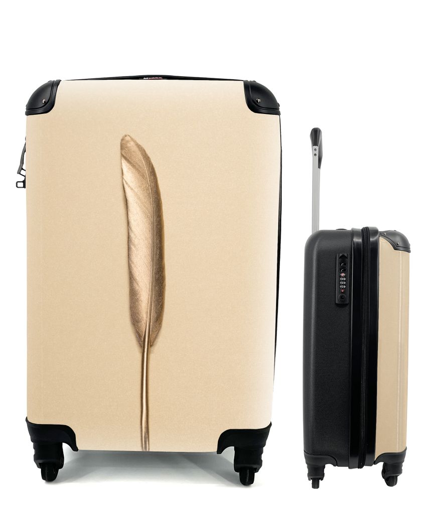 MuchoWow Koffer Handgepäck Trolley Rollkoffer Kleine Reisekoffer mit 4 Rollen - Gold bemalte Feder auf goldenem Hintergrund - Cabin Size < 55x40...
