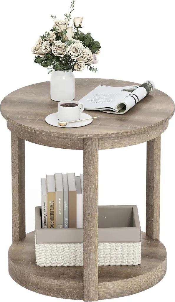 Table de salon ronde grise en bois massif avec tablette de rangement