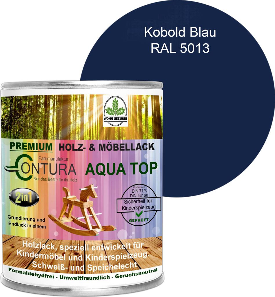 Contura 750ml. Möbellack Lack für Kinderspielzeug Buntlack DIN EN71/3 Buntlack Holzlack - RAL 5013 Kobold Blau