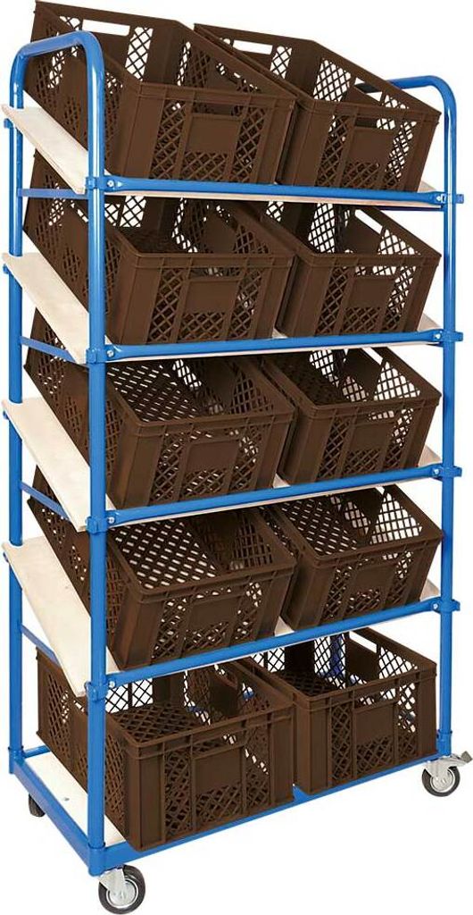 Schrägbodenwagen, 5 Ebenen, 4 Lenkrollen + 10 Eurokisten 600x400x240mm, braun