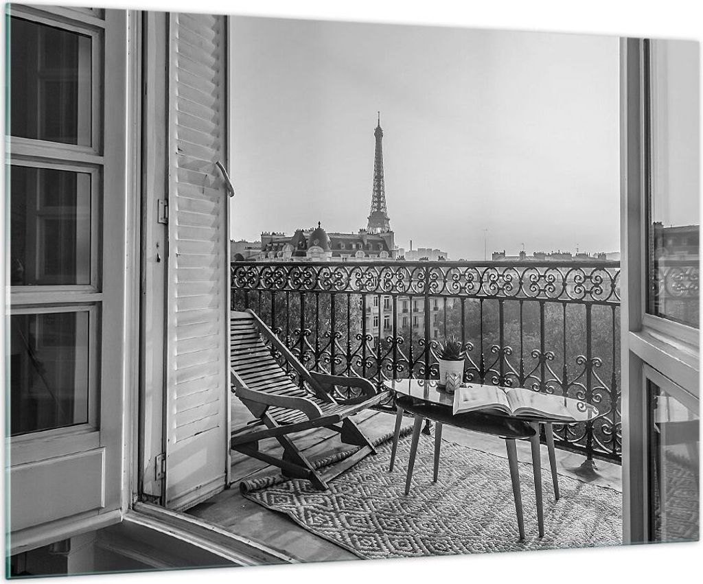Bilder auf glas - Einteilig - Schwarzweiß Paris Balkon - 100x70cm - Glasbilder - Wandbilder - Bilder - zum Aufhängen bereit - Wanddekoration aus ...