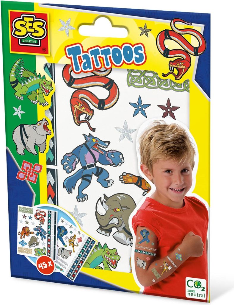SES Creative 14287 Kinder-Tattoos, Tier Kämpfer Motive, Metallische Effekte, Tattoo-Set für Kinder, 3 Jahr(e), Mehrfarbig