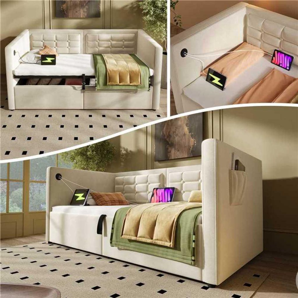 Collage of images showing a beige upholstered sofa bed with storage and charging ports, set up in a room.