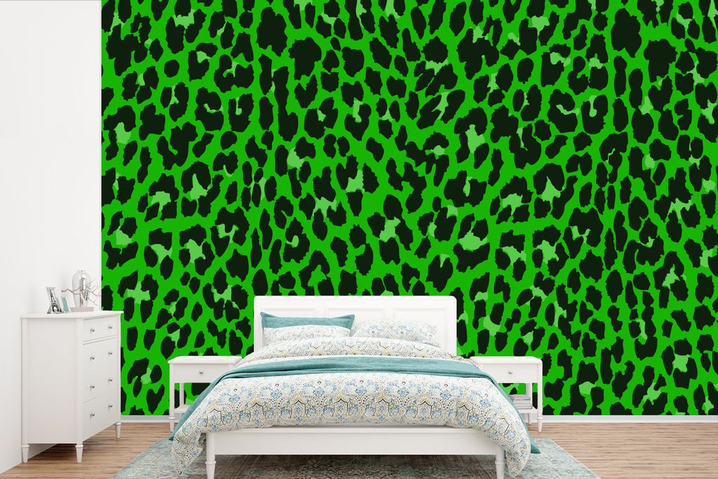 MuchoWow Fototapete für Wohnzimmer oder Schlafzimmer Wandtapete Vinyl Motivtapete Panther Druck - Grün - Design - 390x260 cm - Papiertapete