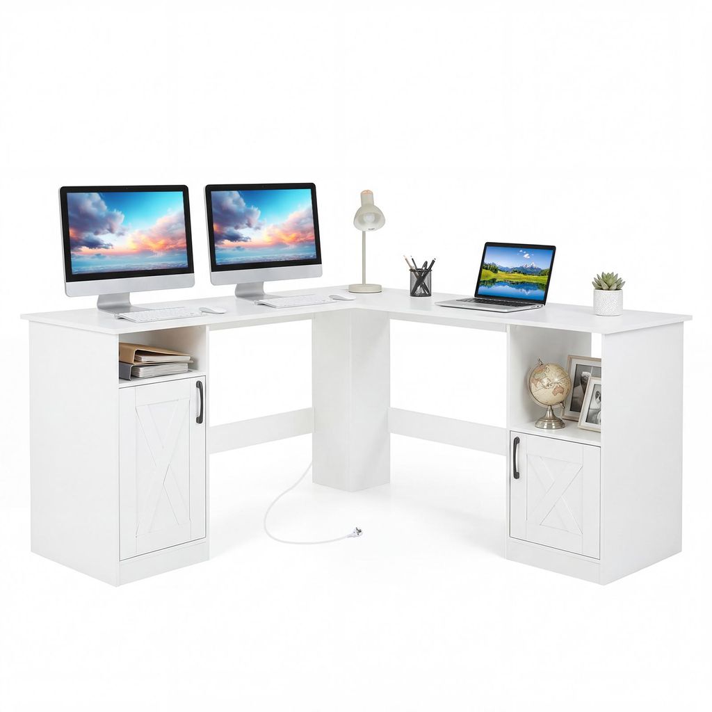 COSTWAY Schreibtisch L Form, 150x150x76 cm Eckschreibtisch mit 2 Schränke, Ladestation&4 offene Regale, Bürotisch aus Holz, für Büro Homeoffice...
