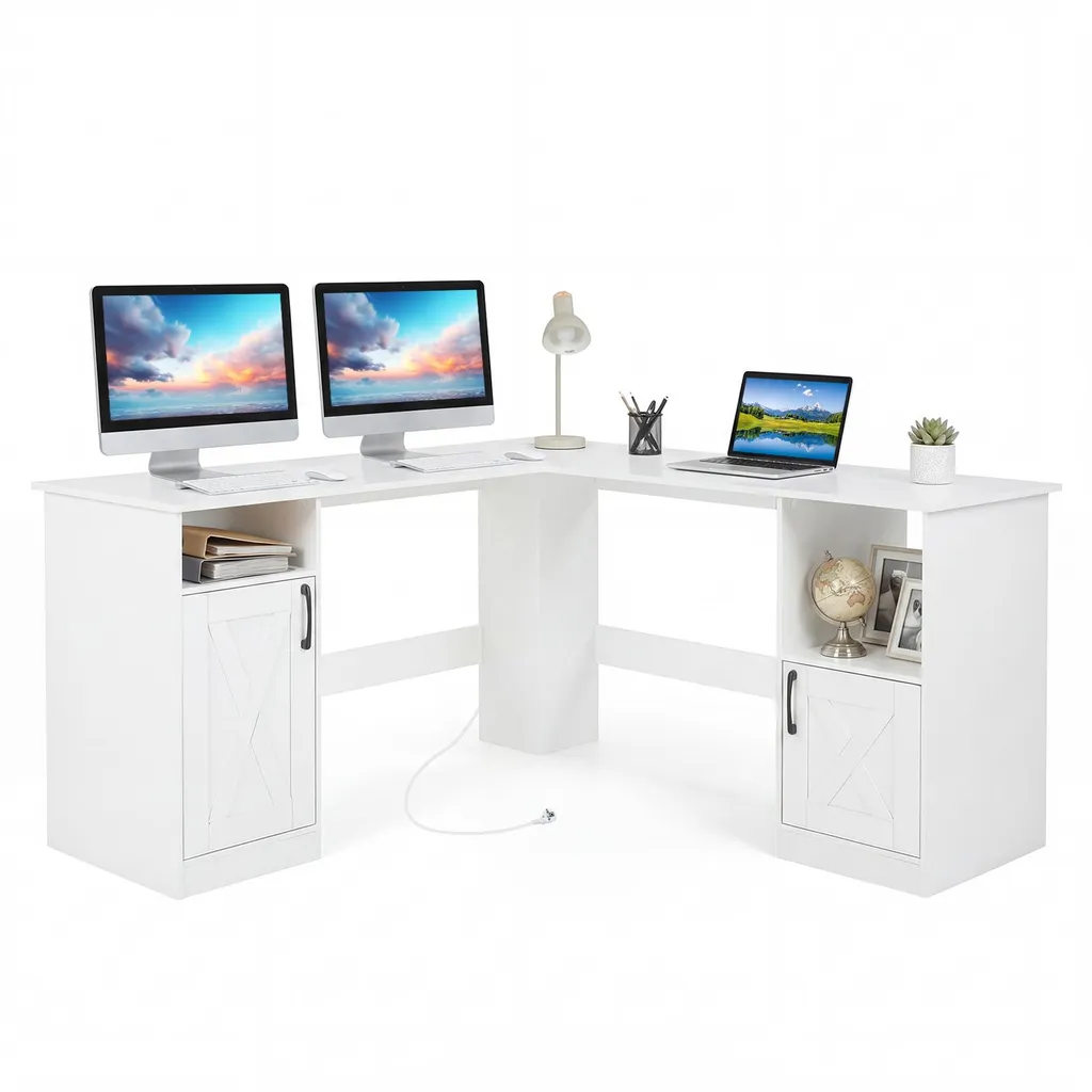 Grand Bureau d'Angle Blanc 150 cm avec Rangements pour Télétravail Pro