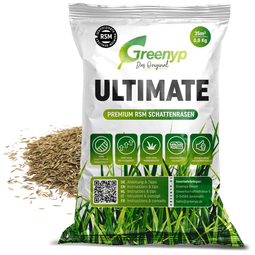 Greenyp Ultimate I Premium RSM Schattenrasen mit 100% RSM Gräser I 0,8 kg für 35m² I Nachsaat Grassamen Rasensamen Rasensaat Gras für schattige...