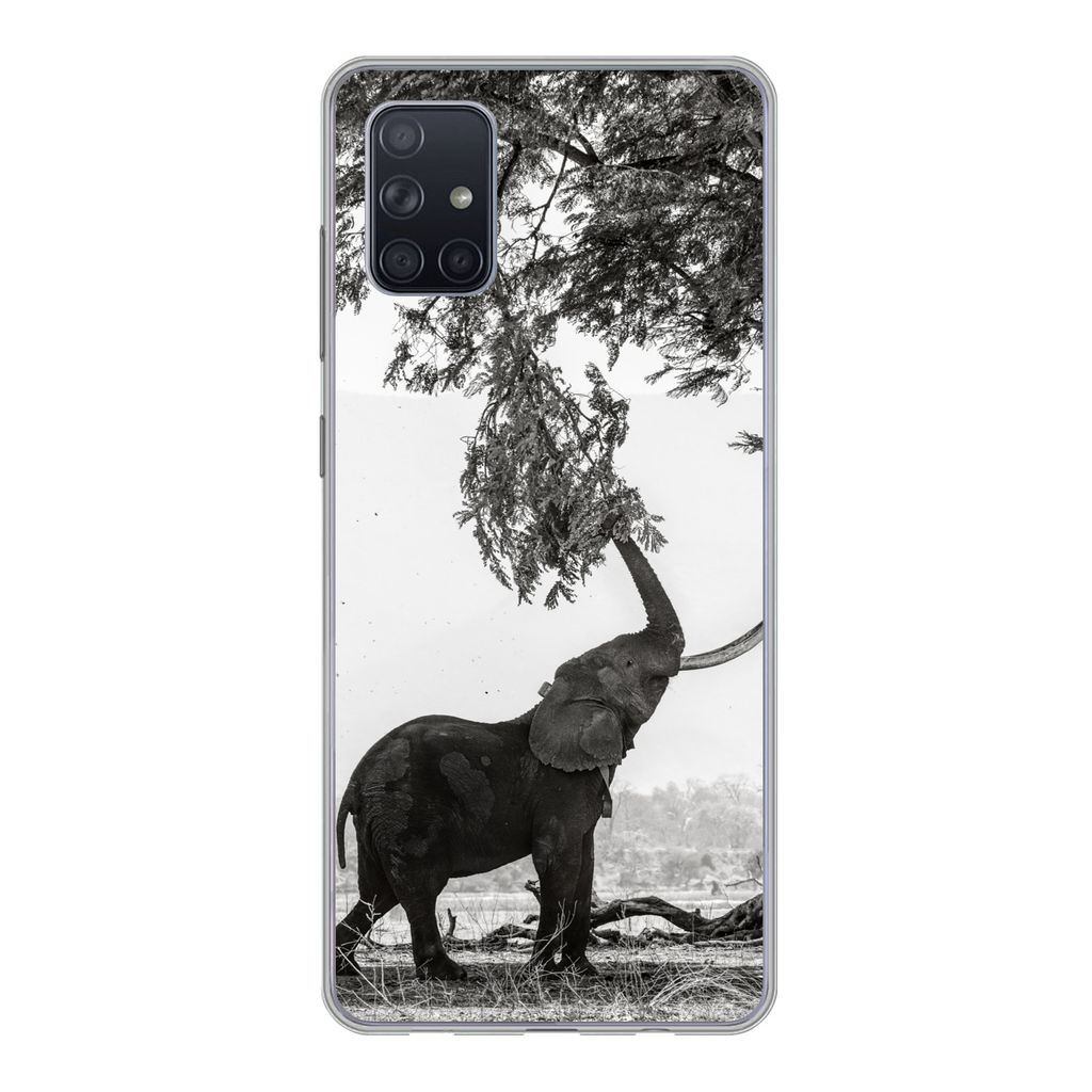 MuchoWow Handyhülle Schutzhülle Hülle für Samsung Galaxy A71 Elefant - Baum - Tiere - Schwarz und weiß Silikon Softcase Handy Hülle - Karte...