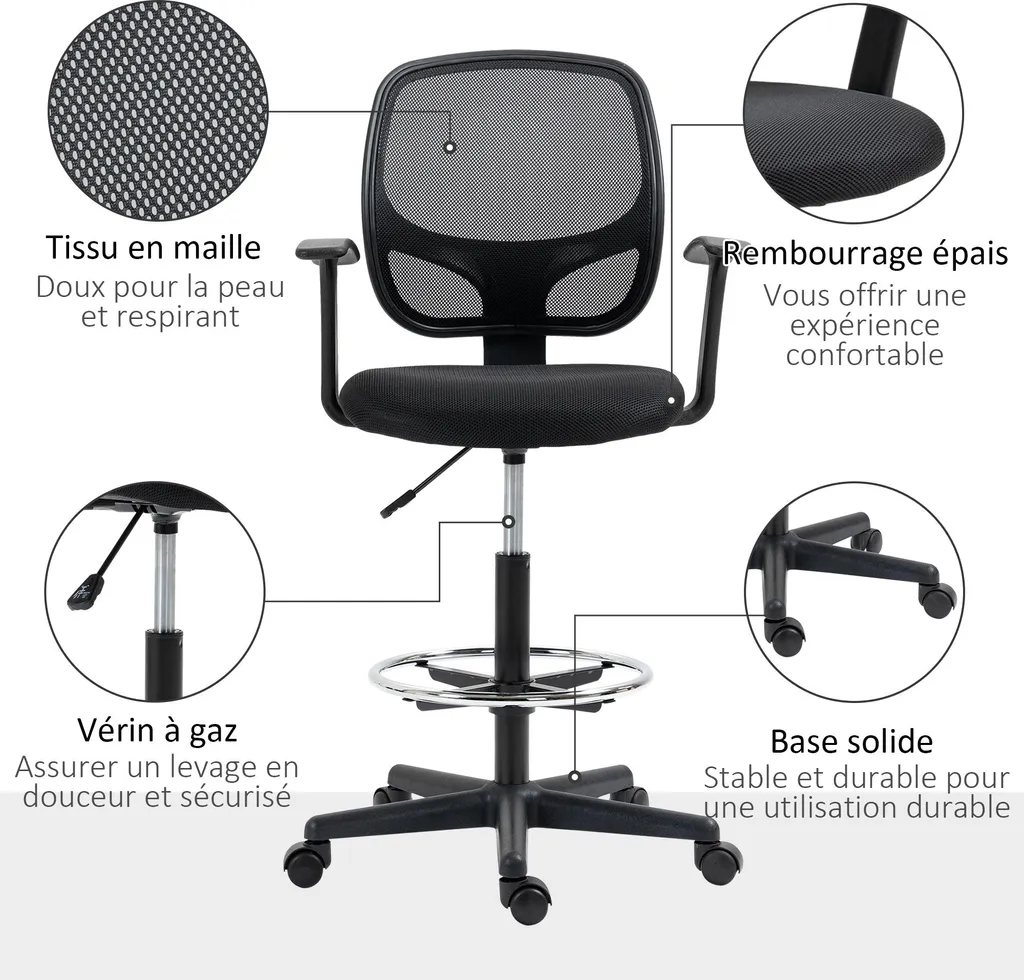 Chaise de dessin ergonomique en maille avec hauteur réglable Vinsetto