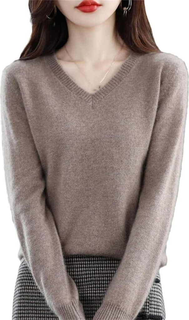 ASKSA Damen Wolle V-Ausschnitt Pullover Leicht Sweater Elegant Strickpullover Slim Fit Warm Pulli Basic Sweatshirt, Braun, S