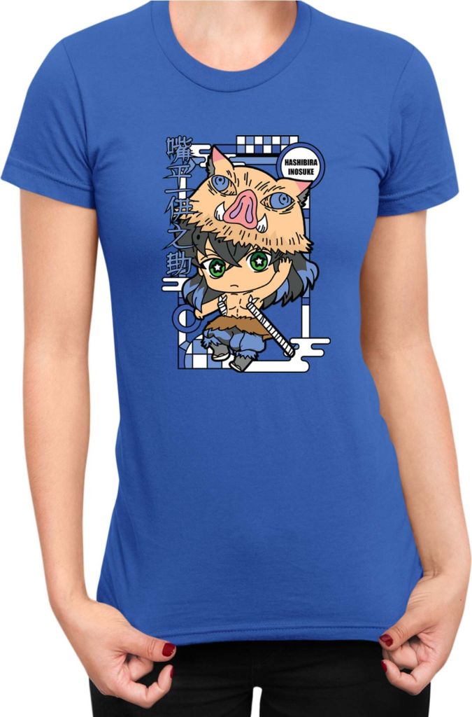 Damen T-Shirt Demon Anime Slayer Kimetsu No Yaiba Chibi Inosuke Hashibira, Lady S / Blau