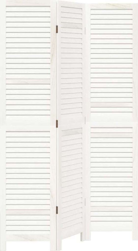 A white, three-panel room divider with slatted panels.