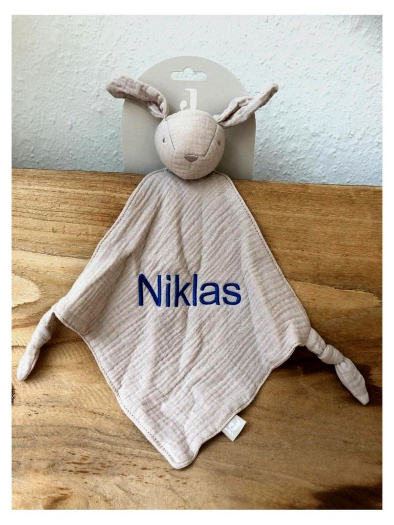 Besticktes Schnuffeltuch mit Namen HASE beige