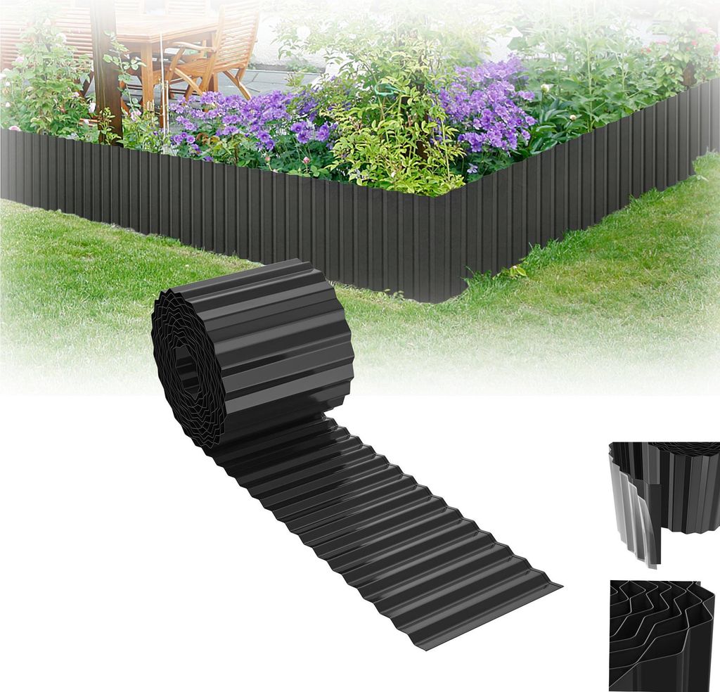 XINZI Rasenkante Beetbegrenzung aus Metal, Beeteinfassung Wellen Verzinkt, Gartendeko Für Hochbeete, Landschaftsgestaltung, Schwarz (10m,15cm hoch)