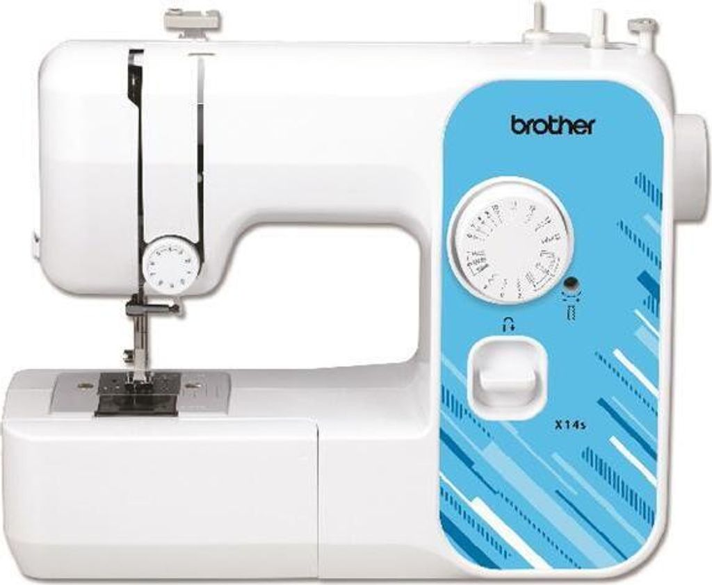 A white and blue Brother sewing machine is shown against a white background.
