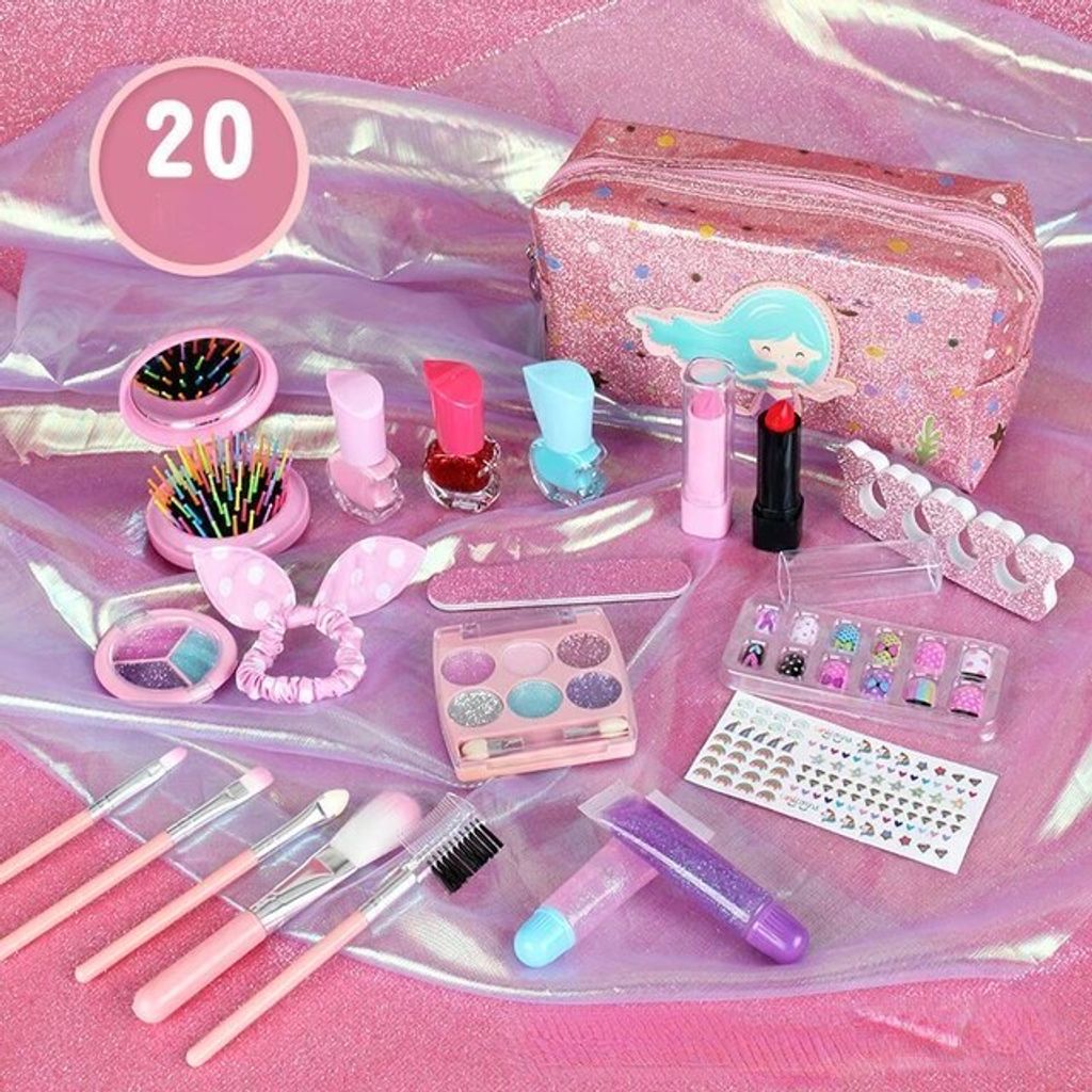 Meerjungfrau Kinder Kosmetik Make-up Simulation Spielzeug, Prinzessin Mädchen Kosmetiktasche Set Lippenstift Lidschatten