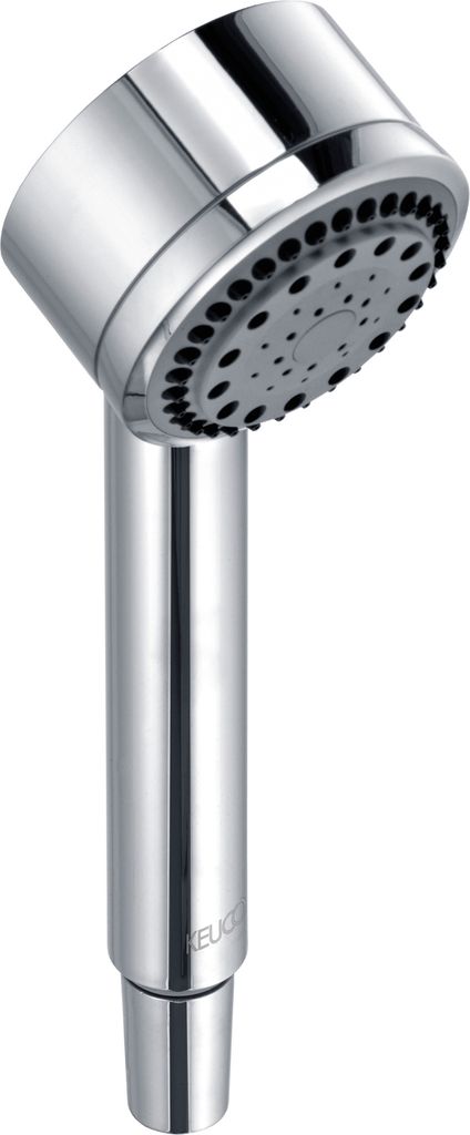 A chrome hand shower head on a white background.