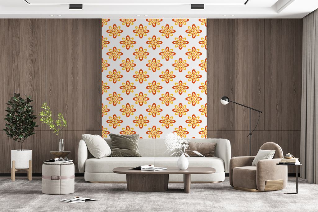 MuchoWow Fototapete für Wohnzimmer oder Schlafzimmer Wandtapete Vinyl Motivtapete Muster - 70er Jahre - Blumen - Orange - 195x300 cm - Das Hinte...