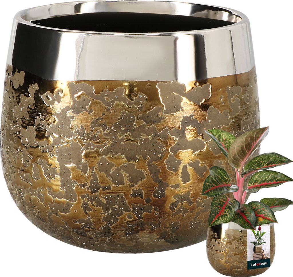 KOTARBAU Keramik Blumentopf Gold rund Spiegeleffekt 12,5 cm Höhe 13 cm 1 St. Übertopf Gold Blumentopf Gold groß Glamour Blumen Töpfe Pfla...