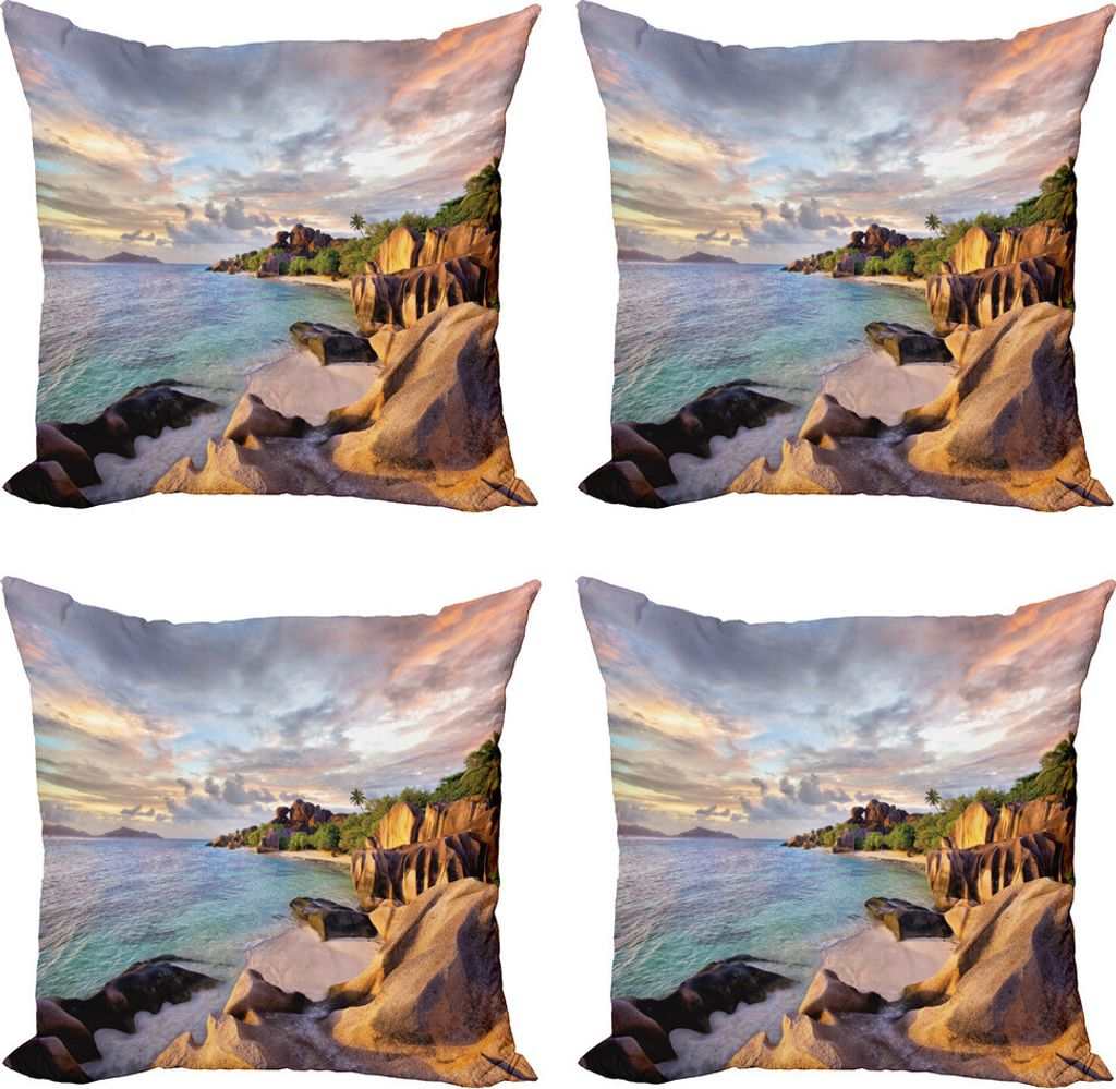 ABAKUHAUS Strand Kissenbezug Set (4 Stück), Rock Sandy Beach Island, Moderner Doppelseitiger Digitaldruck, 50 cm x 50 cm, Creme Blau