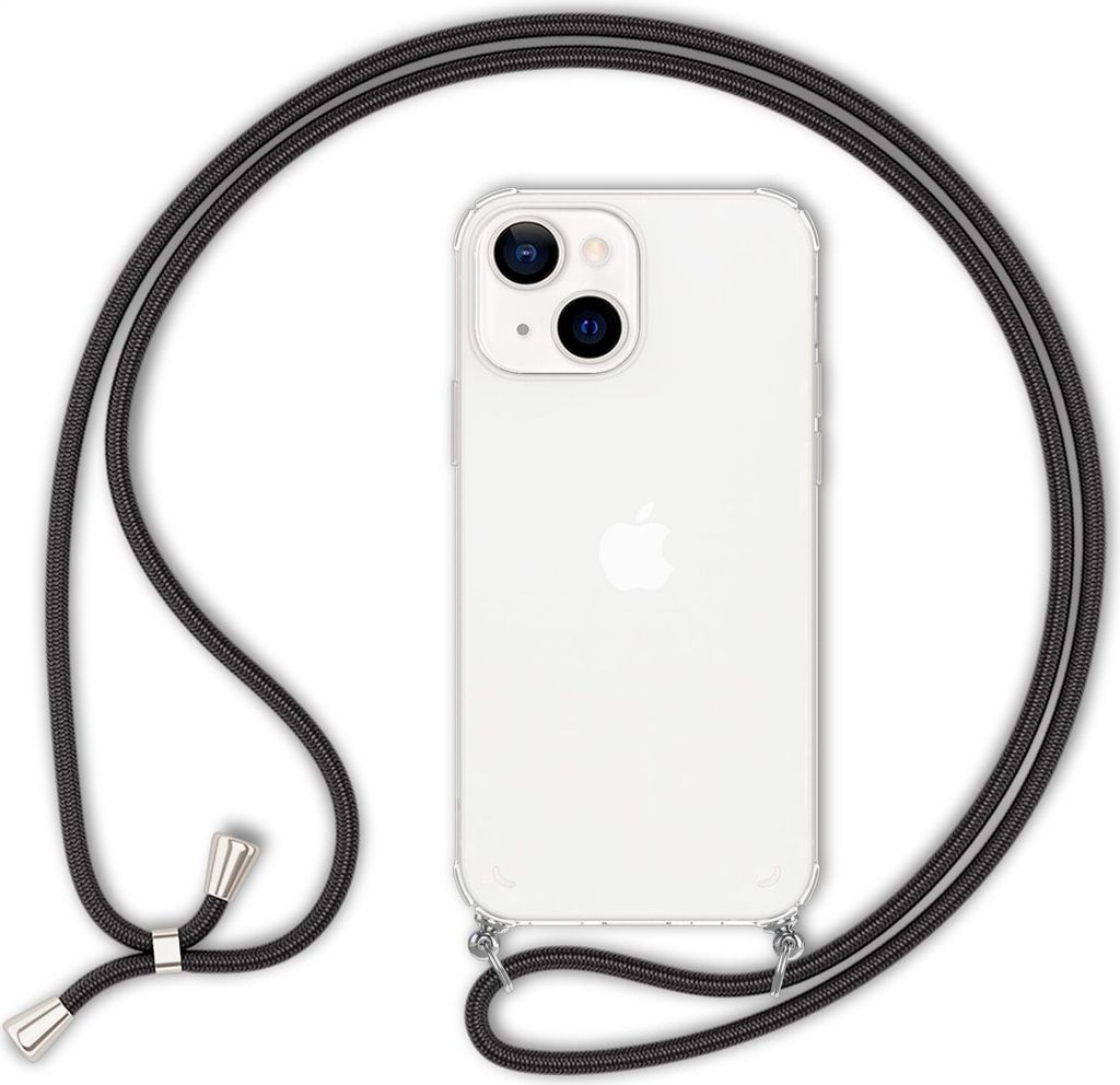 NALIA Handyhülle mit Kette für iPhone 13 Mini, Transparentes Hardcase & Handy-Schnur Schwarz