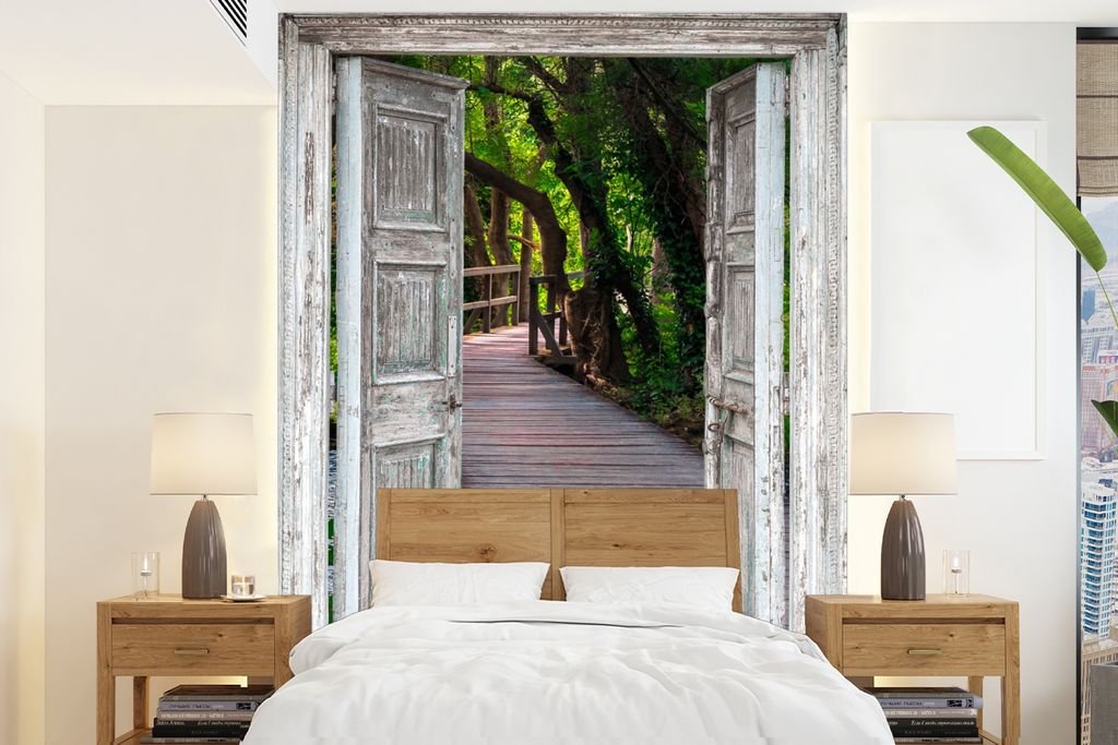 MuchoWow Fototapete für Wohnzimmer oder Schlafzimmer Wandtapete Vinyl Motivtapete Brücke - Wald - Aussicht - 195x260 cm - Wandbild