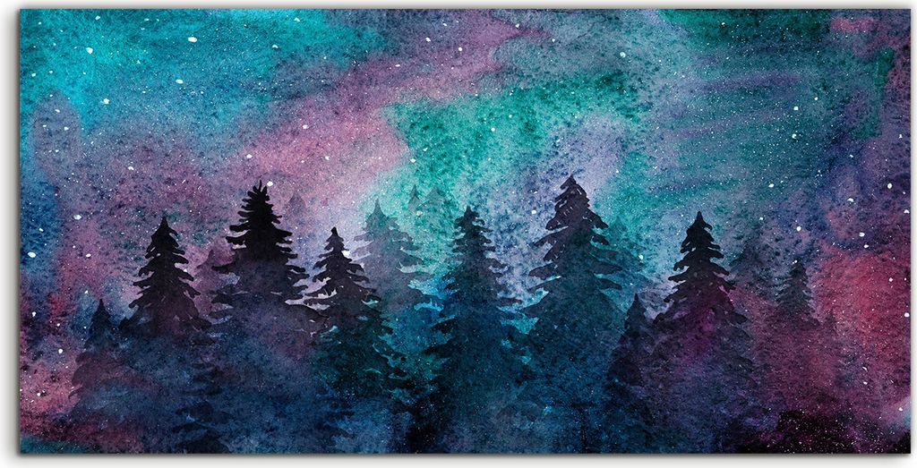 Coloray Canvas 120x60 Wandbild Leinwand Bilder Aquarell Fichtenwald Sternenhimmel
