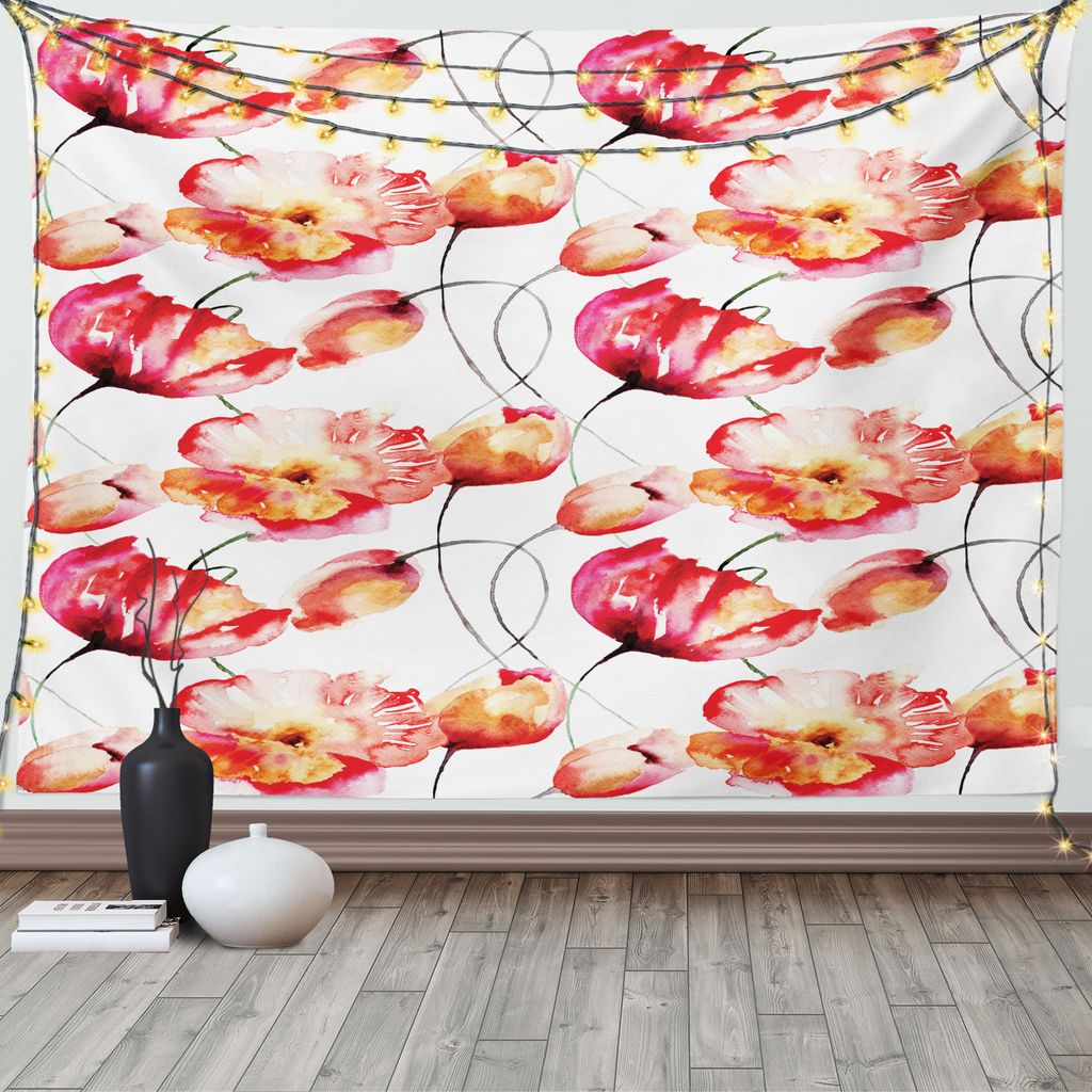 ABAKUHAUS Frühling Wandteppich, Poppy Tulip Flora, Wohnzimmer Schlafzimmer Wandtuch Seidiges Satin Wandteppich, 150 x 100 cm, Rot Weiß Orange