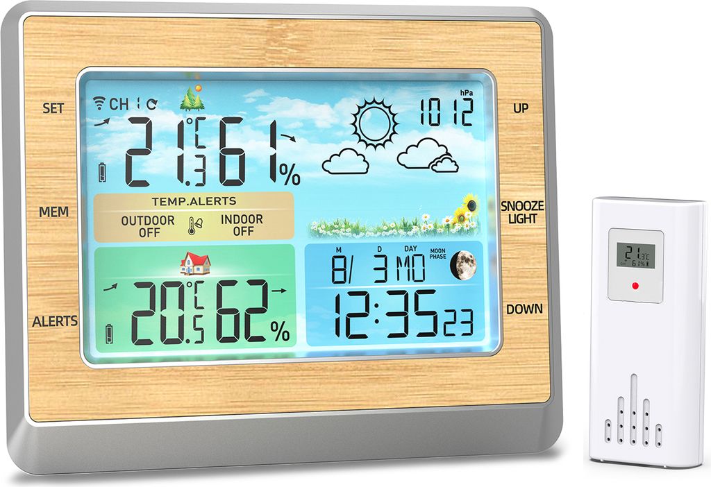 Wetterstation Drahtloses Innen-Aussenthermometer 6-Zoll-Farb-LED-Anzeige Temperatur-Feuchte-Monitor mit Luftdruck USB-Ladeanschluss 4 Helligkeitsstufe