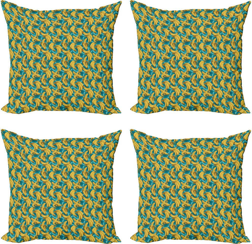 ABAKUHAUS Banane Kissenbezug Set (4 Stück), Retro Style Hawaiian Farm, Moderner Doppelseitiger Digitaldruck, 45 cm x 45 cm, Senf Blassblau Kitz